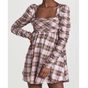 Saylor Yulia Pink Metallic Plaid Long Sleeve Babydoll Mini Dress Size Small